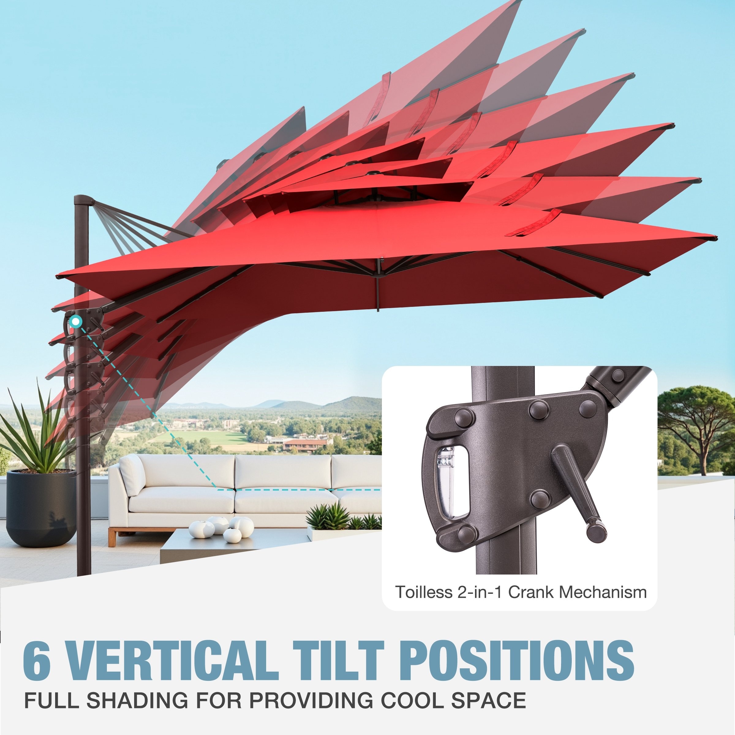 dual vent patio umbrella 13ft 2 Tier Double-Sided Vented with Base, Without Lights / Beige dark gray Specifications 11 Ft. Octagonal Aluminum Auto