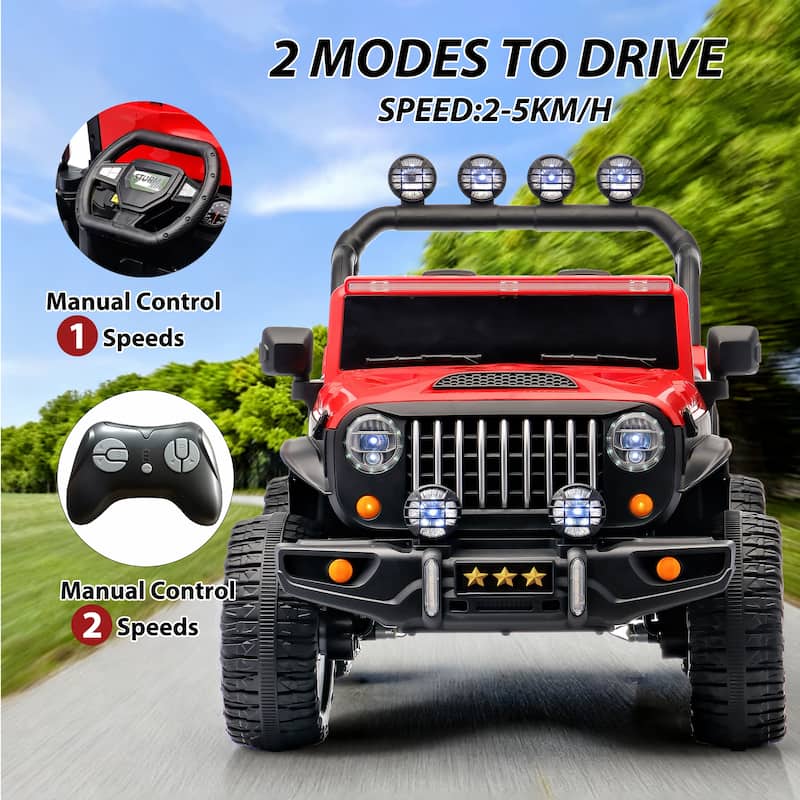 Battery Powered Electric Car Electric Vehicle with Remote Control, Red Off-Road Toy Car with LED Lights