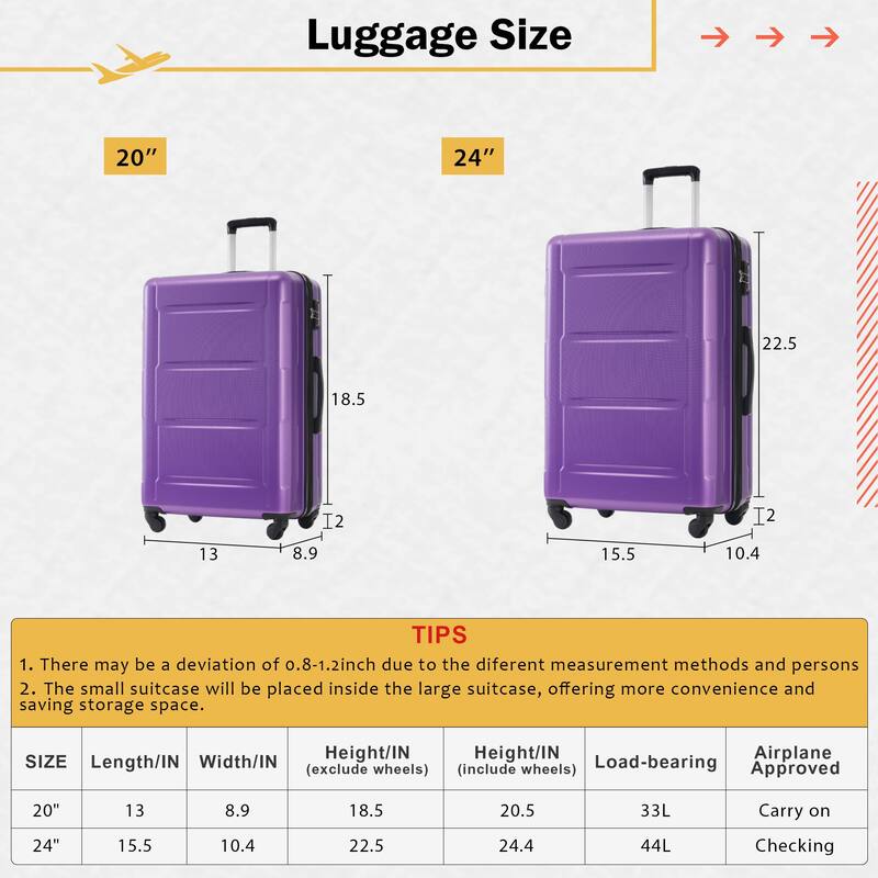 Carry On Lightweight Luggage, Suitcases with Spinner Wheels, 2 Piece Set (20/24), ABS+PC Hardshell Luggage with TSA Lock & Bags