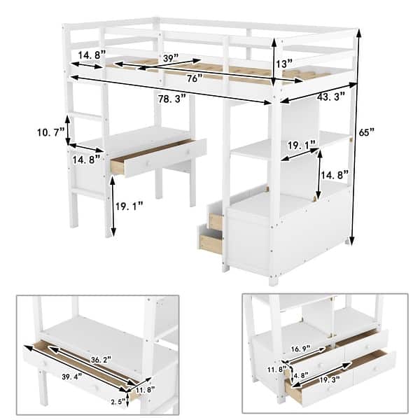 dimension image slide 1 of 4, Twin Size Loft Bed with Built-in Desk with Two Drawers