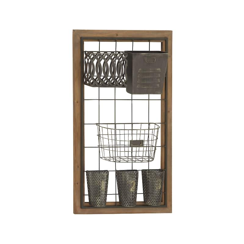 Metal 1 Slot and 5 Baskets Magazine Rack Holder with Suspended Baskets and Label Slot - Brown - Roche River Decor
