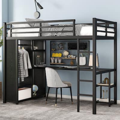 Twin XL Size Metal Loft Bed Frame with Built-in Wardrobe, Desk and Storage Shelves