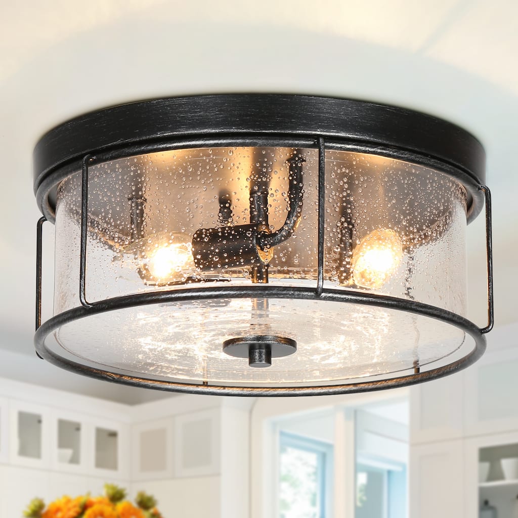 Clyno Modern Farmhouse Drum Glass Flush Mount Ceiling Light - W 12.6"x D 12.6"x H 5.9"