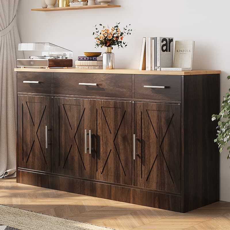 Kitchen Buffet Sideboard Storage Cabinet with Adjustable Shelves, Retro Design(3 Color Options) - Brown/Yellow