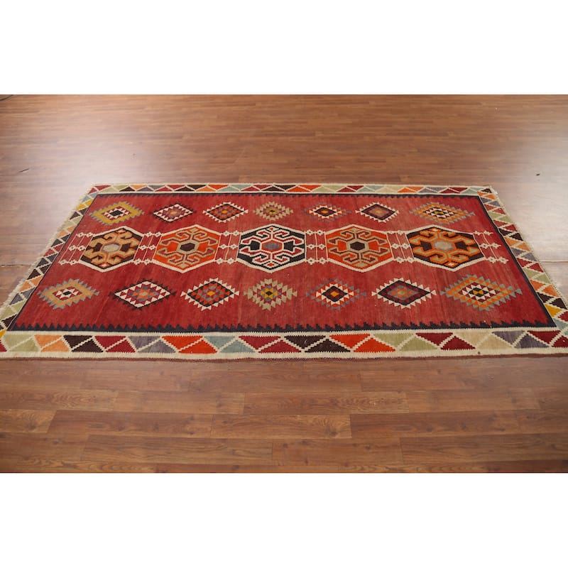 Kilim Qashqai Persian Vintage Rug Hand-Knotted Red Wool Carpet - 4'2"x 7'11"