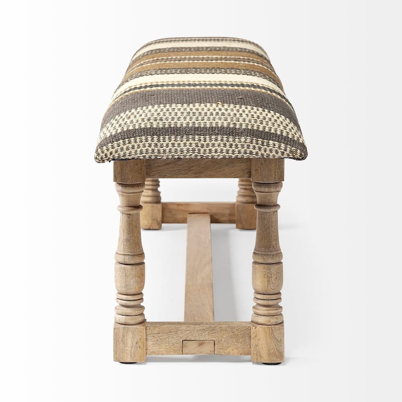 HomeRoots 59" Beige and Gray and Brown Upholstered Jute Striped Bench - 59