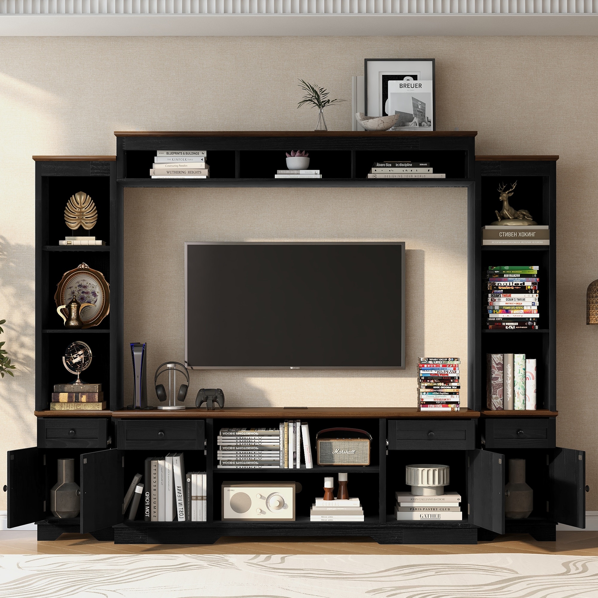98.8" W Wall Unit Entertainment Center with Bookshelves for TVs Up To 80", Media Console with Cabinets and Adjustable Shelves