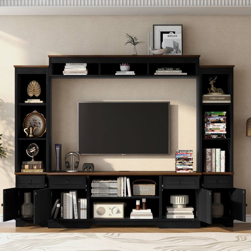 Modern 98.8" W Wall Unit Entertainment Center with Bookshelves for TVs up to 80" - Black