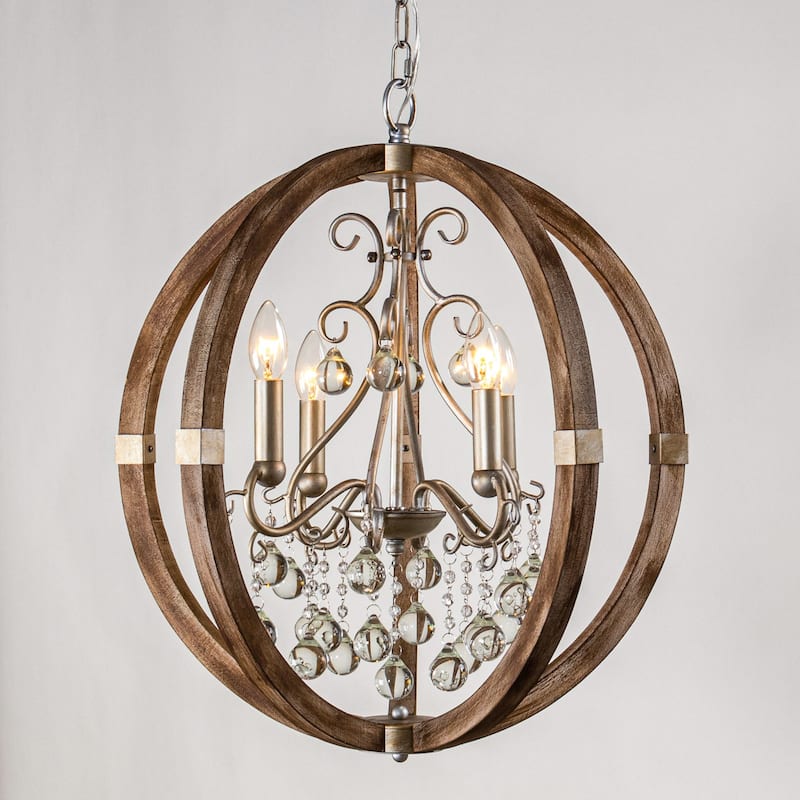 21" Weathered Wooden 4-Light Crystal Orb Foyer Chandelier Light