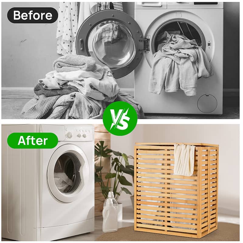 Natural Bamboo Dual-Section Laundry Hamper Foldable with Removable Liner & Ventilated Lid - 21.69""L x 13.85""W x 25.39""H