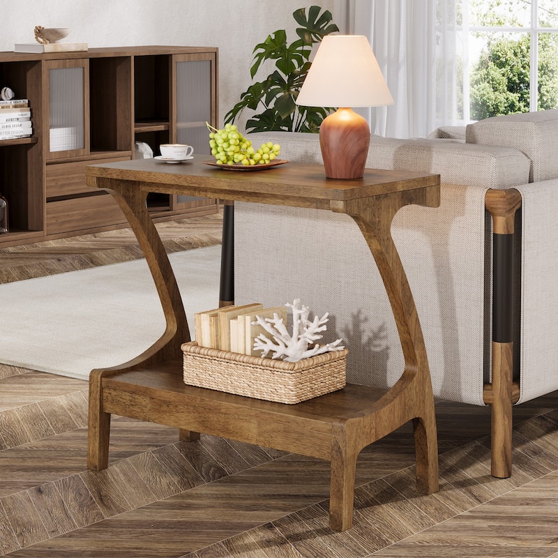 2-Tier Solid Wood End Table with Storage, Farmhouse Narrow Side Table for Living Room - 1-Piece