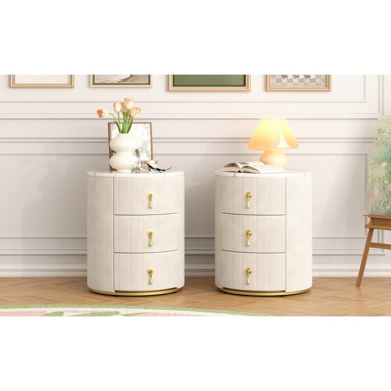 Set of 2 Upholstered 3-Drawer Nightstands - Round Marbling Top Bedside Table (Fully Assembled Except Handles, Beige)