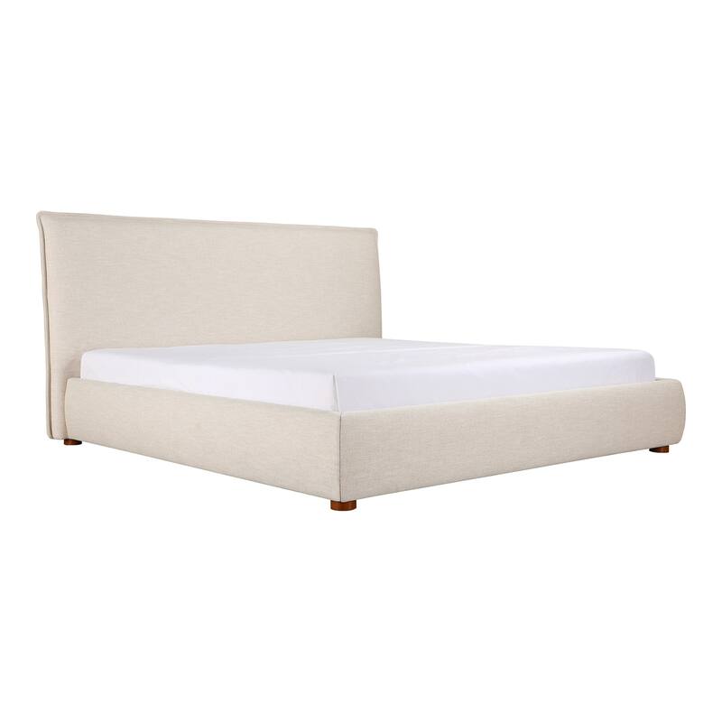 King Bed Frame - Upholstered Linen Blend Headboard - Solid Wood Bed - Modern Bedroom Furniture