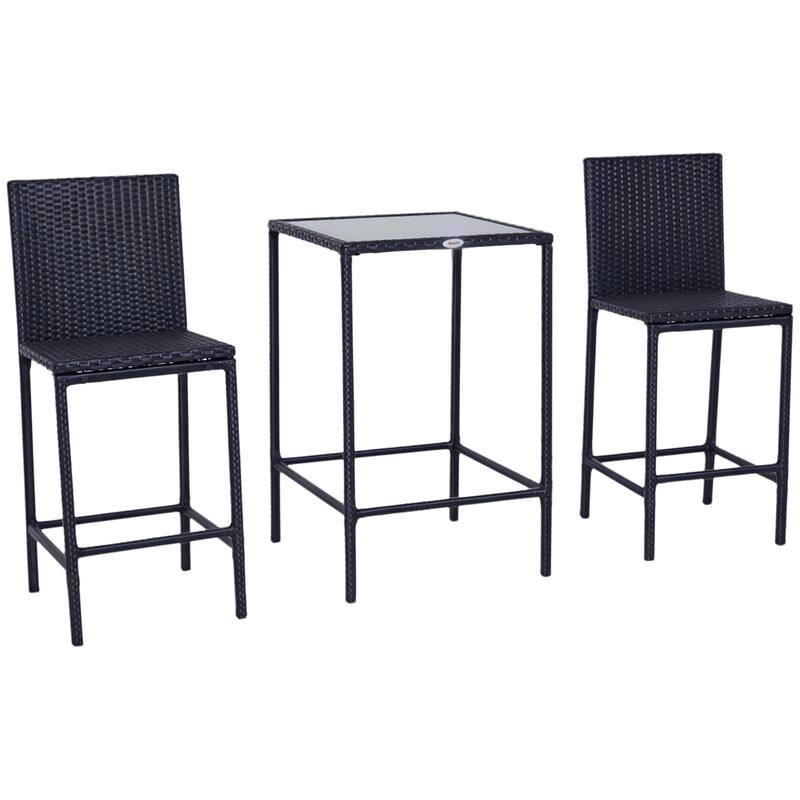 GDFStudio Outdoor Thalassa PE Rattan Bar Set with Glass Top Table and 2 Bar Stools