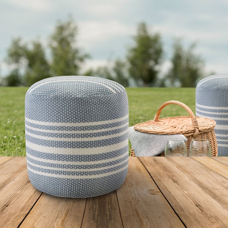 20" Blue and White Striped Round Pouf Ottoman