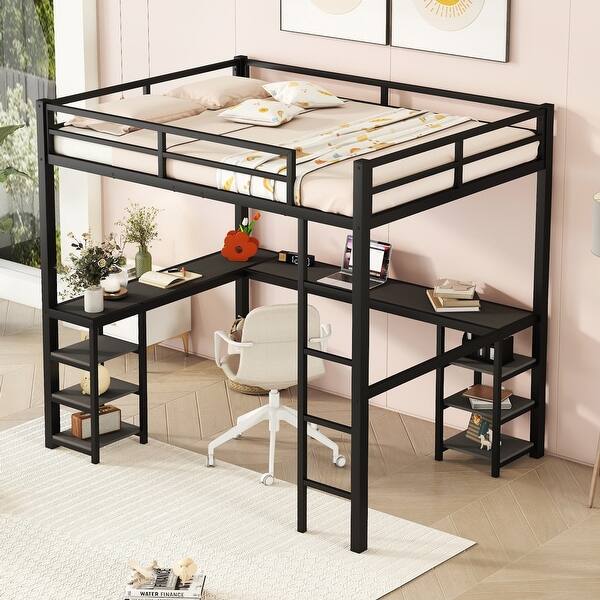 slide 2 of 13, Black+Brown Full Size Metal Loft Bed with Desk, Shelves, Ladder, and Guardrails Black+Brown