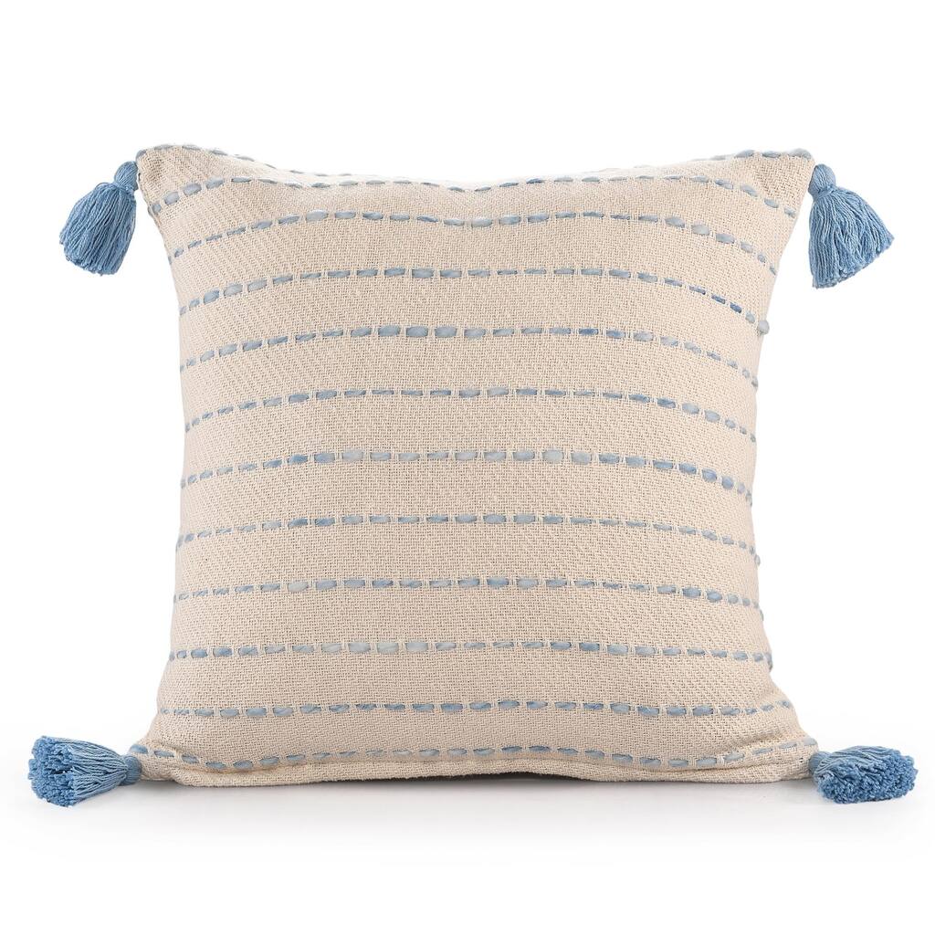 Handmade Variegated Striped Square Throw Pillow with Tassels - 20" - Blue and White