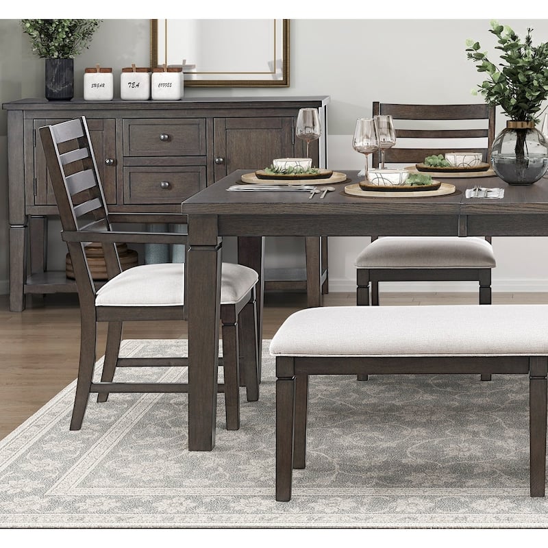 Dark Espresso Finish Dining Furniture Set Table with Extension Leaf Upholstered Bench Chairs
