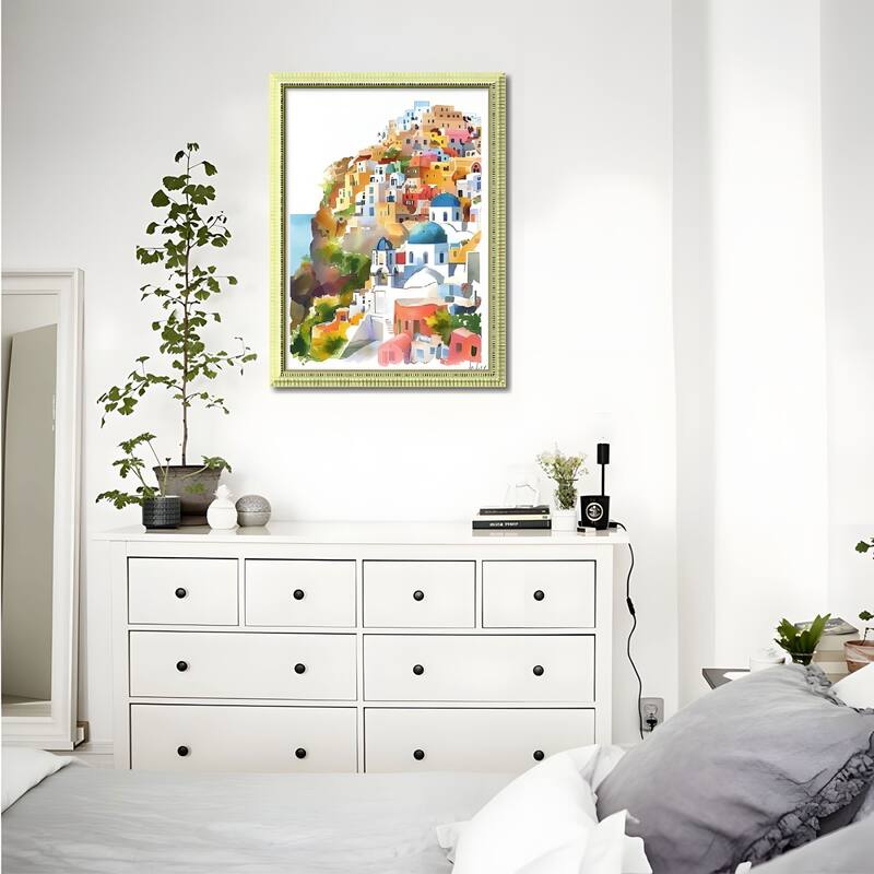 Set of 3 Colorful Cityscape Framed Wall Art - Replaceable Canvas Prints with Wood Picture Frames - Green,Pink