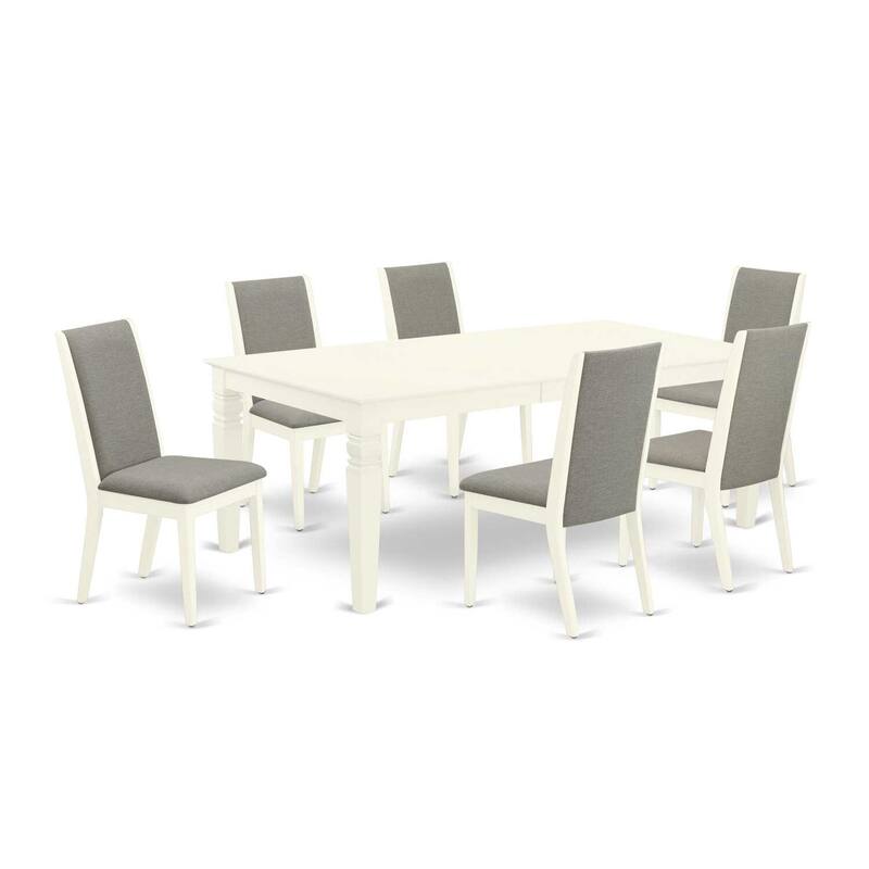 Bohemian Dining Set - 7 Piece Table & Chairs - Linen White & Shitake Fabric - 42x60 Inch Rectangle Table - 60