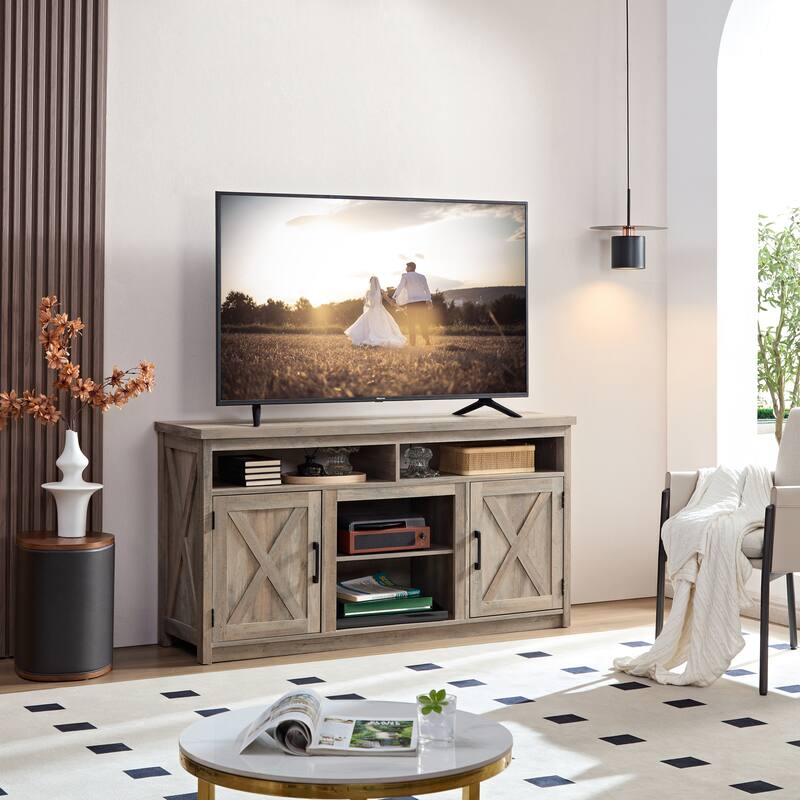 Farmhouse TV Stand, for TV up to 65" with X-Shaped Barn Door, Open and Closed Storage Space, for Living Room