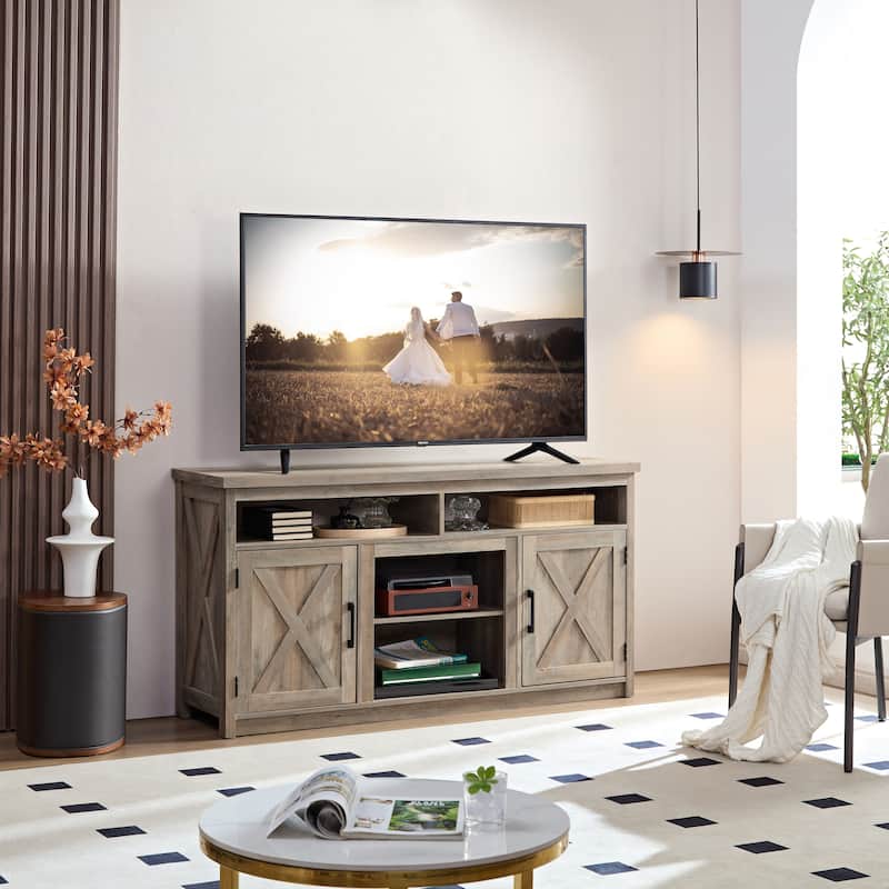 Gray Wash Farmhouse Style 57.87" TV Stand with Open and Closed Storage Space for TVs Up to 65"