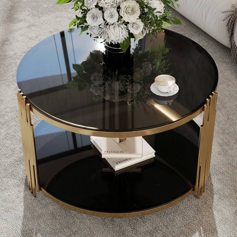Modern Black Mirror Coffee Table with Asymmetrical Metal Base, Circular Drum Base and Lower Shelf