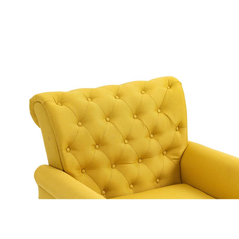 Linen Armchair w/Tufted Back/Wood Legs