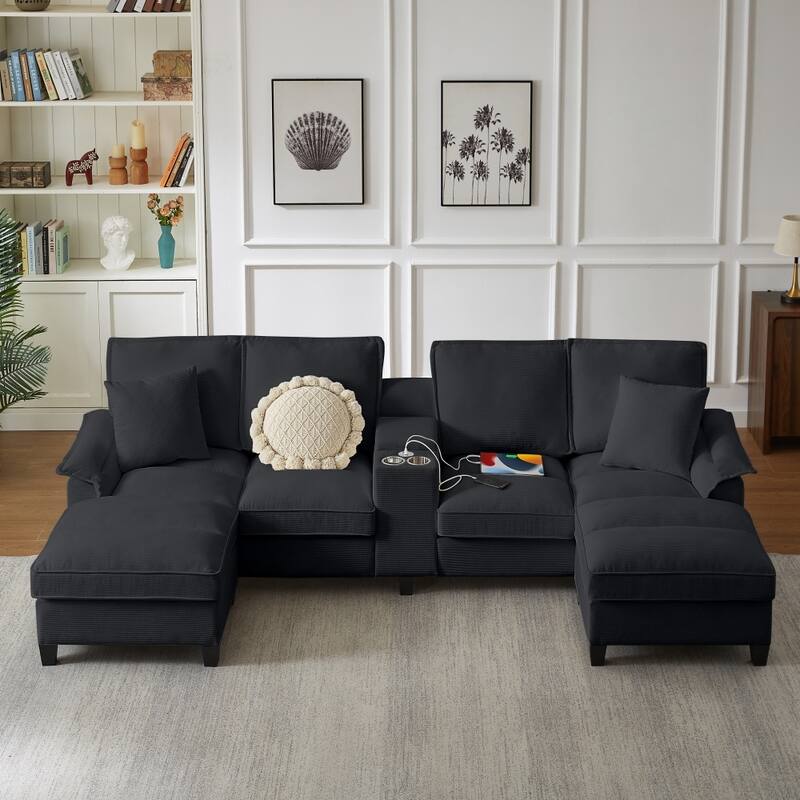 121.2" Modular Corduroy Sectional Sofa with Storage Console and Chaise Footrests