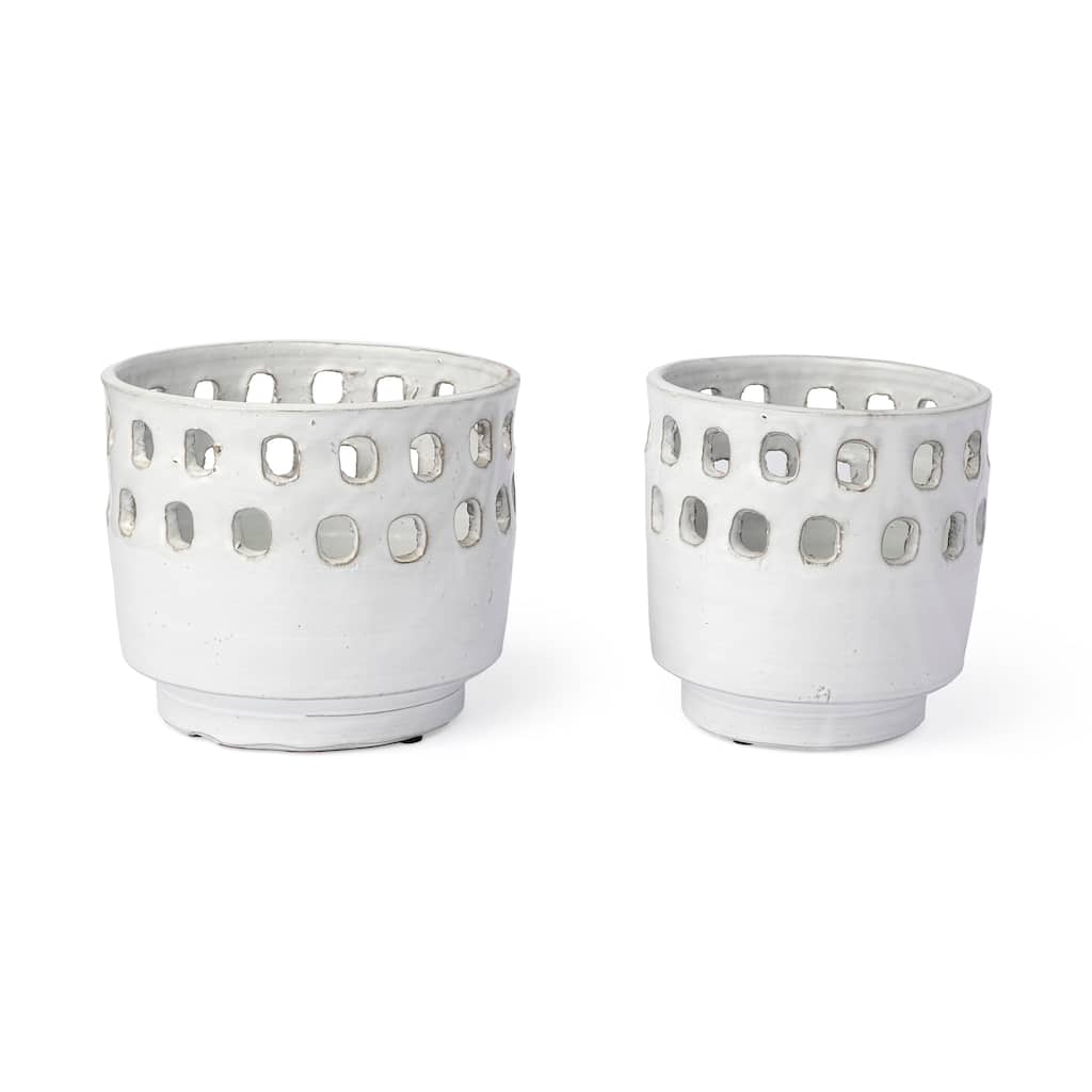 Larissa White Ceramic Perforated Decorative Vases (Set of 2) - 6.5"W x 6.5"D x 7"H