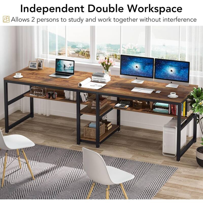 78.7" Double Desk for Two Person with Bookshelves with storage , Rustic Brown