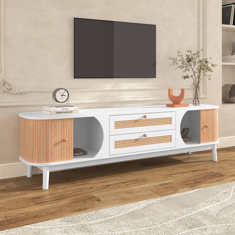 Rattan TV Stand Console Table with Storage Cabinets for TVs up to 75'' - 66.93" x 15.55" x 18.11"