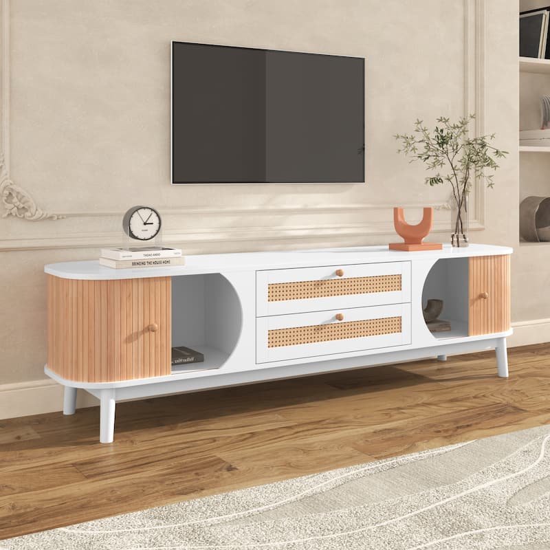 Rattan TV Stand Entertainment Center for TVs up to 75'', Farmhouse TV Console Table Sliding Doors Media Storage Cabinets