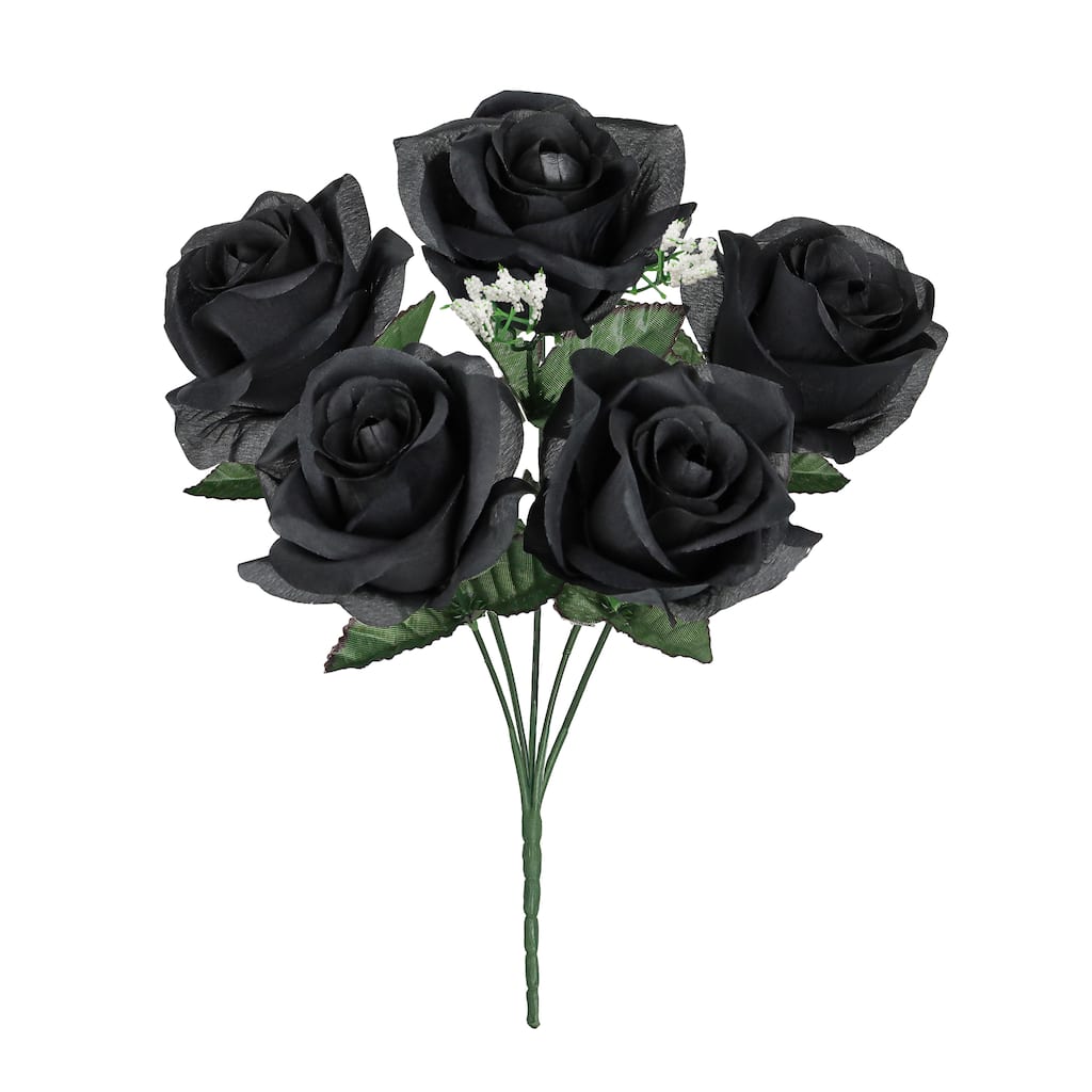 Set of 12 Black Artificial Open Rose Flower Stem Bush Bouquet 14in - 14" L x 7" W x 7" DP