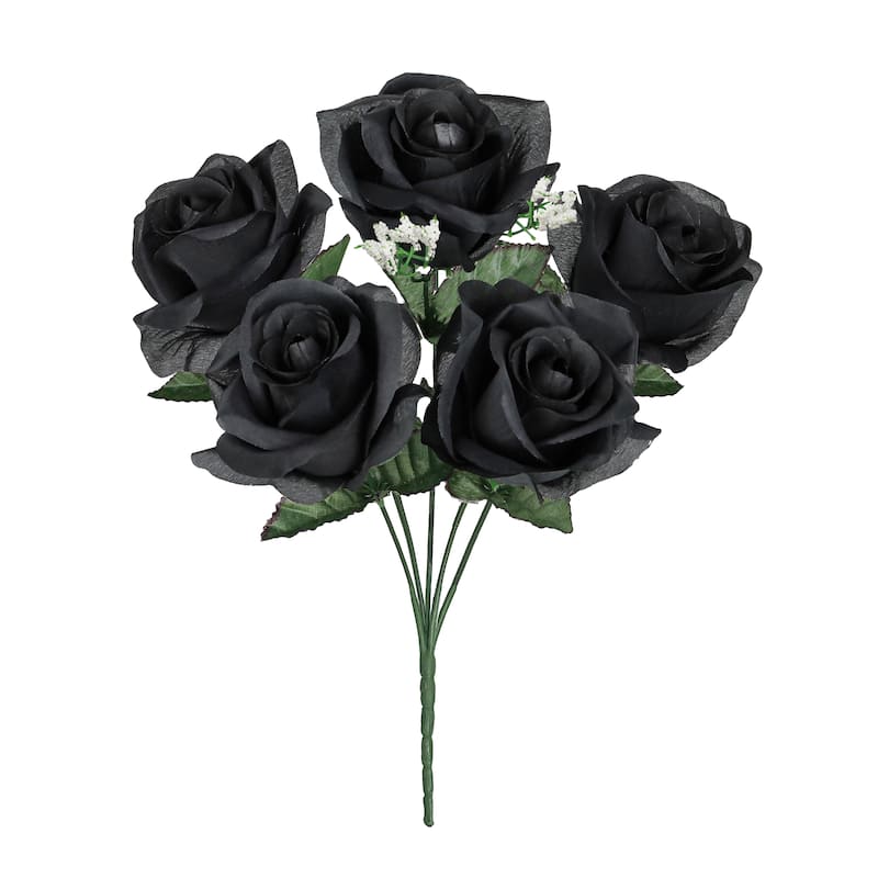 Set of 12 Black Artificial Open Rose Flower Stem Bush Bouquet 14in - 14" L x 7" W x 7" DP