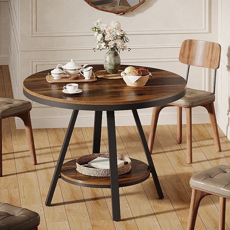 35'' Round Kitchen Dining Table for 2-4 People, Sturdy Metal Leg