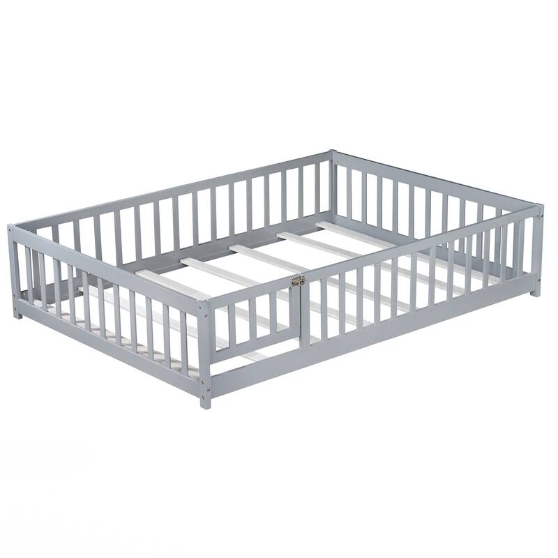 Full Size Floor Bed with Fence and Door,Rubber Wood Floor Bed with Safety Guardrails