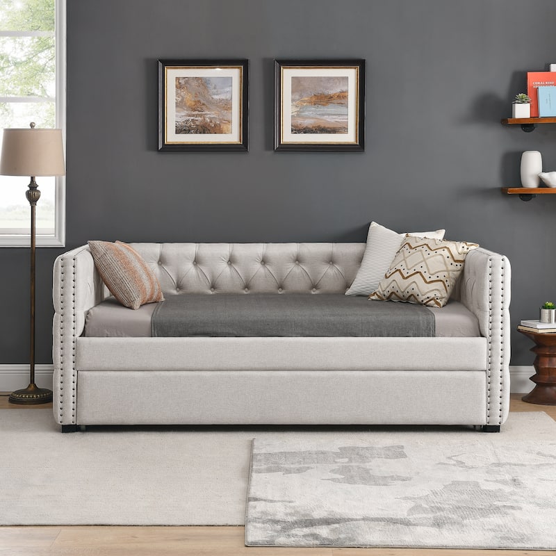 Beige Twin Size Upholstered Tufted Daybed with Button and Copper Nail on Square Arms for Bedroom