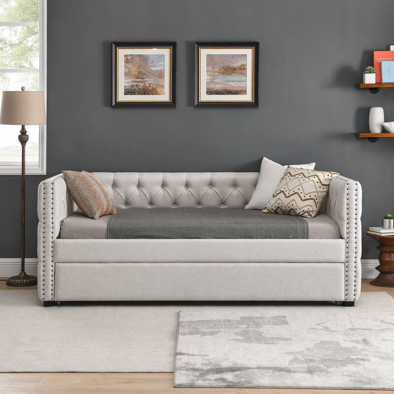 Twin Size Upholstered Tufted Daybed with Button and Copper Nail on Square Arms for Bedroom
