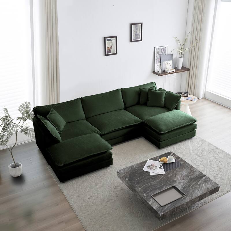 GDFStudio - Zika Chenille 3-Seater Sofa with 2 Ottoman - Green
