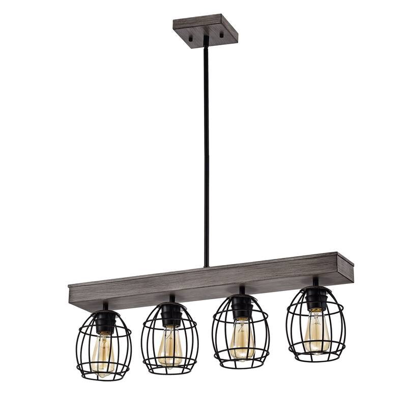 Wood and Black 4-Light Cage Linear Kitchen Island Lighting