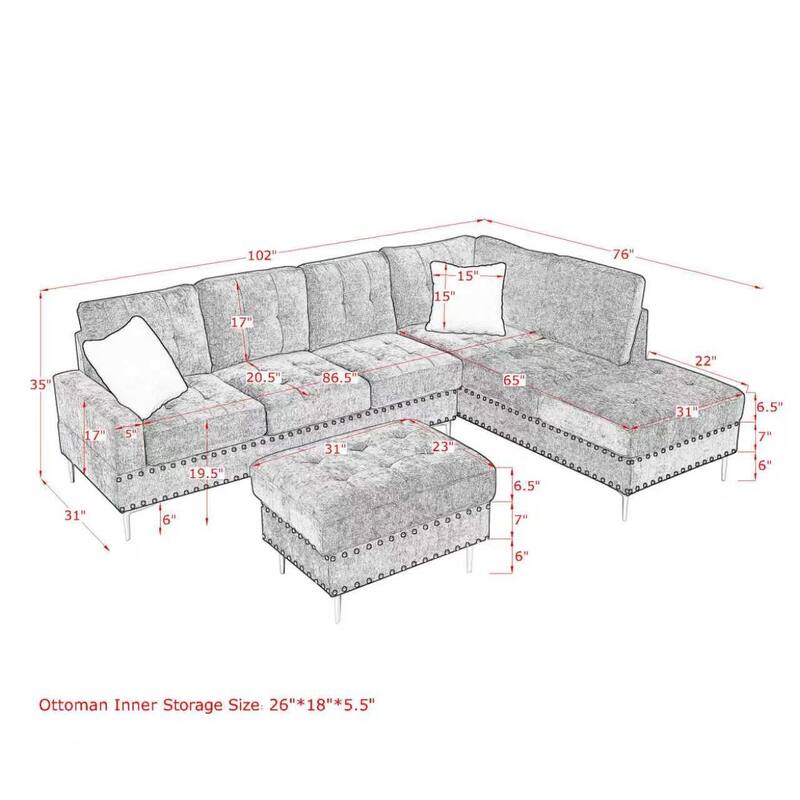 102" Rustic L-shaped Sectional Sofa with Reversible Chaise and Storage Ottoman