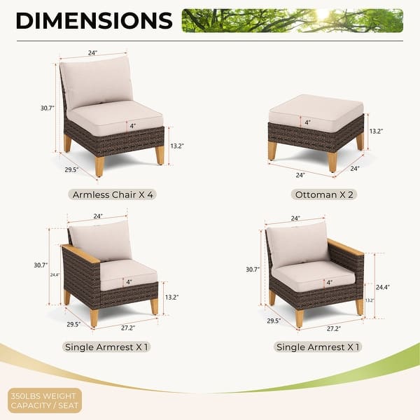 dimension image slide 5 of 8, 9-Piece Outdoor Wicker Sectional Sofa Patio Furniture Luxury Conversation Set, Beige Cushion