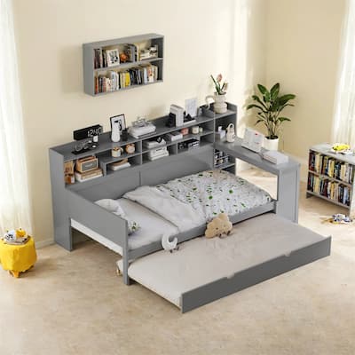 Multi-functional Bed with Twin Size Trundle Bed Wooden Twin Size Daybed with Storage Shelves and Study Desk