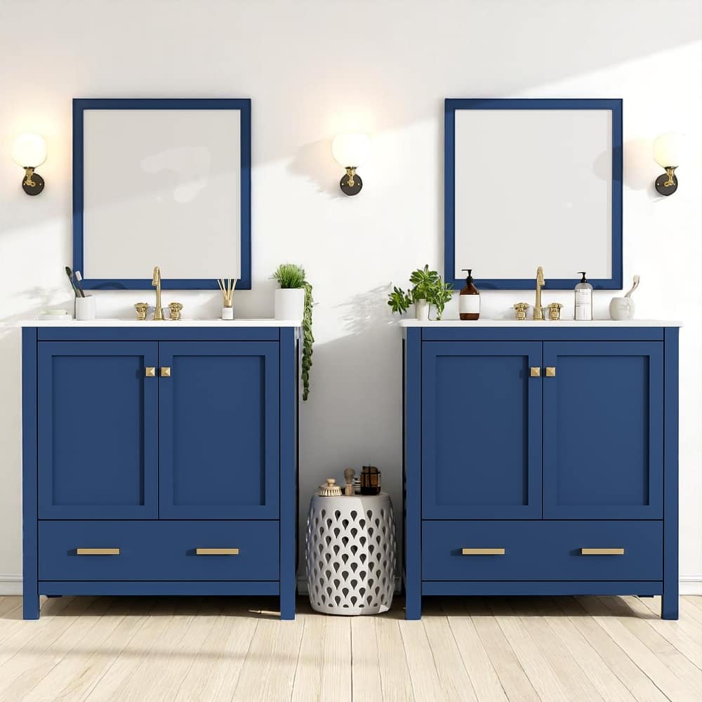 60 Inch Bathroom Vanity with Double Ceramic Sinks, Freestanding Cabinet with Ample Storage and Soft Closing Doors