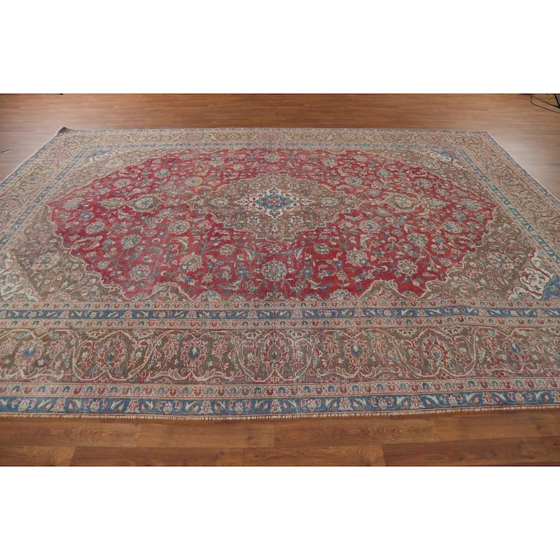 Traditional Floral Mashad Persian Vintage Rug Handmade Wool Carpet - 9'0"x 12'8"