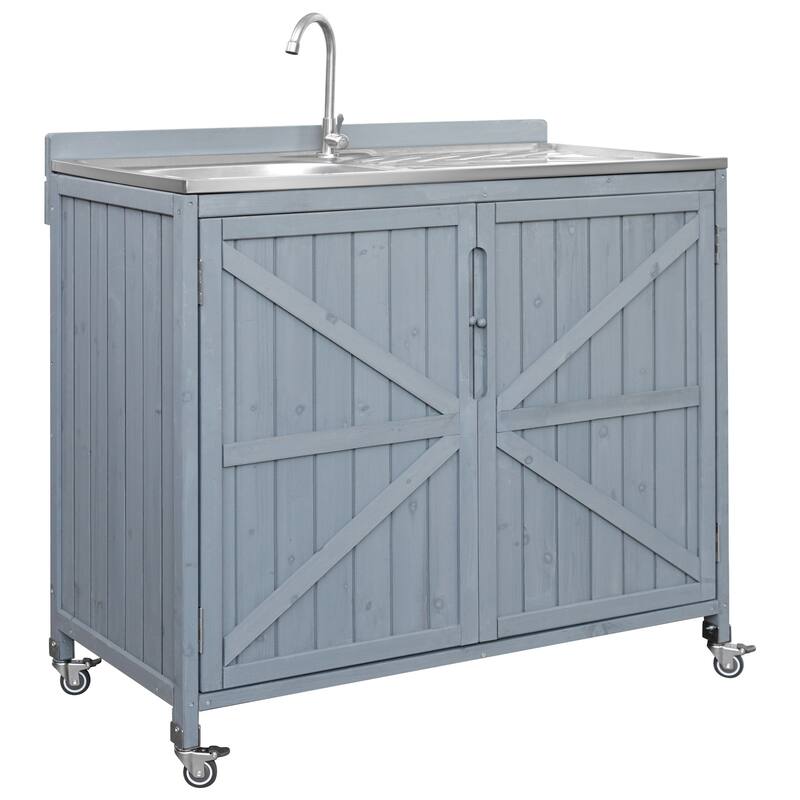 39.4" Outdoor Kitchen Island with 304 Stainless Steel Sink, Faucet & Storage Cabinet