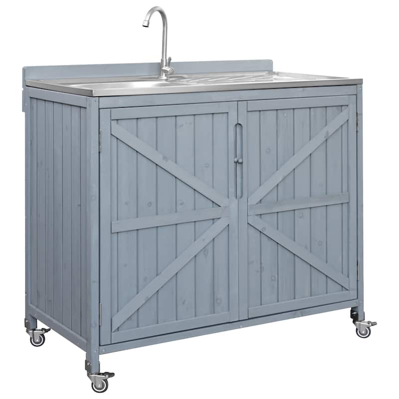 39.4" Outdoor Kitchen Island with Sink, Outdoor Kitchen Cabinet with Back Splash & 4 Wheels for Pizza Prep