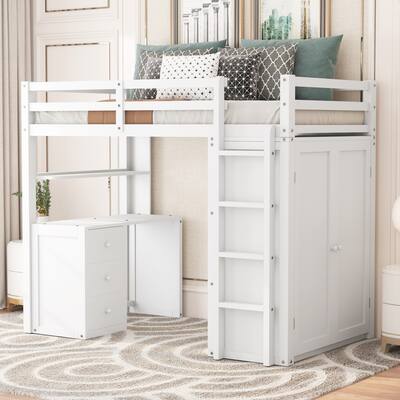 Twin size Loft Bed with Drawers,Desk,and Wardrobe