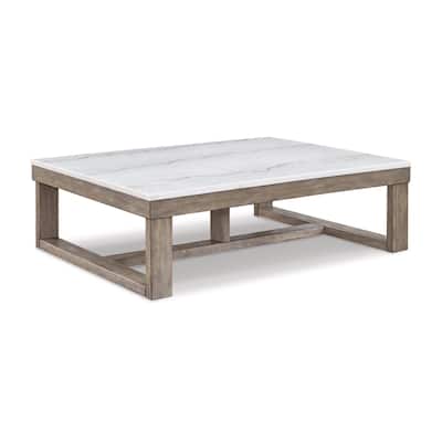 Aska Cocktail Coffee Table, Block Profile, Marble, 56 Inch Taupe Gray